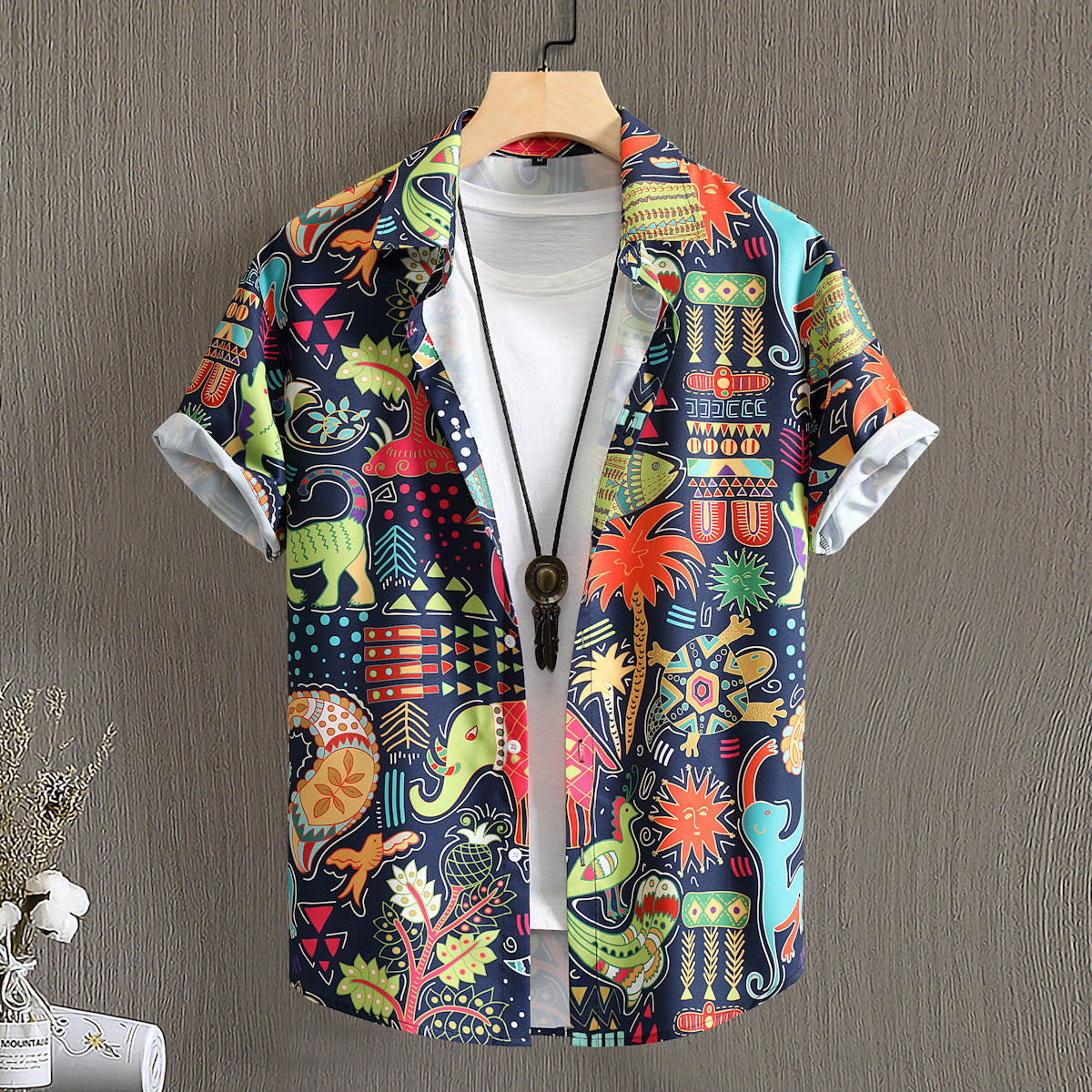 Men's Polyester Retro Dinosaur & Coconut Tree Shirt